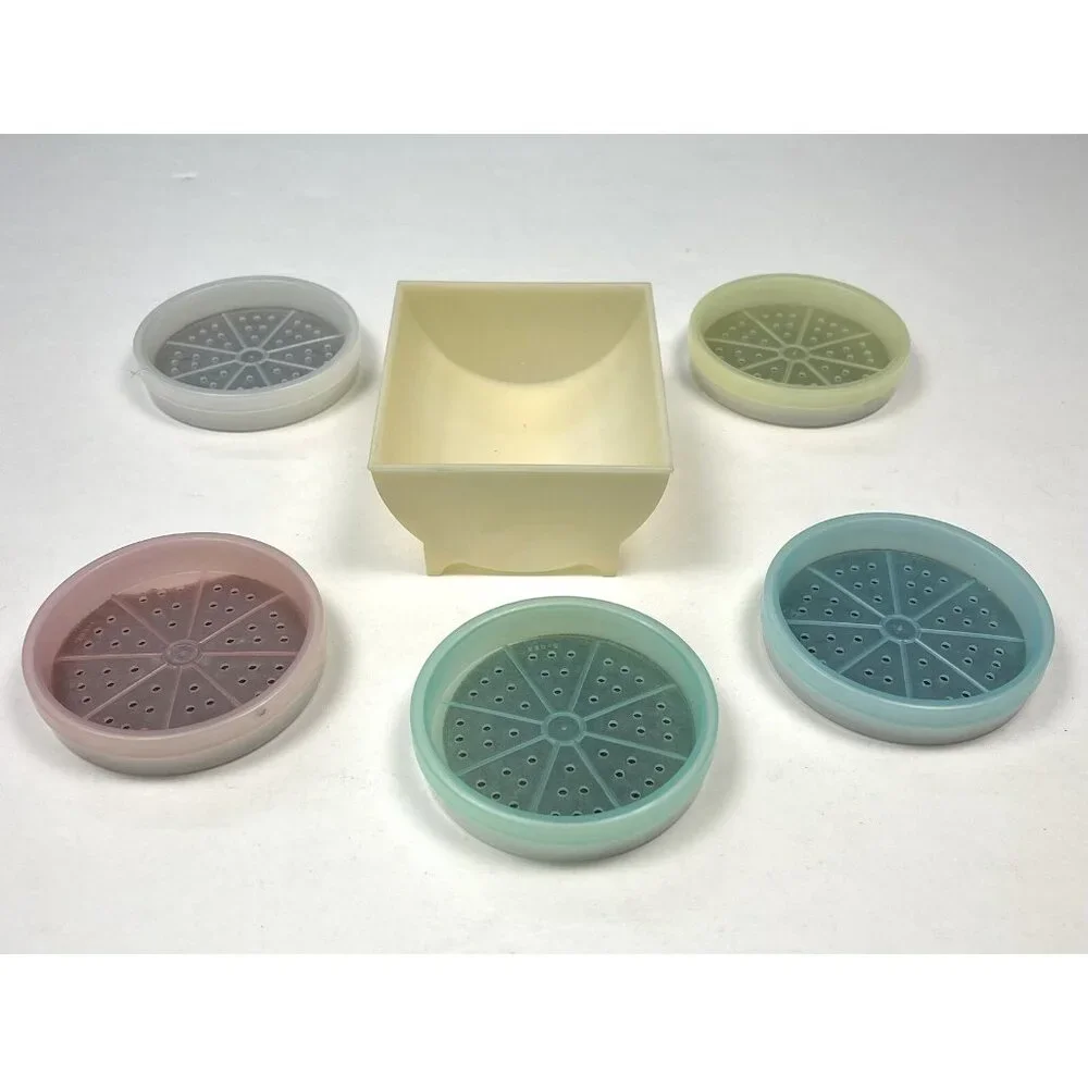 VTG Set 5 TUPPERWARE Pastel Wagon Wheel COASTERS 567 w/ Caddy Rack Holder 566-4